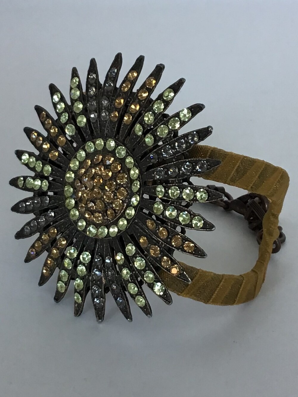 Vintage Rhinestone Starburst Statement Bracelet Cuff Bronze Tone